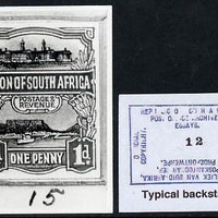 South Africa 1926-27 issue B&W photograph of original 1d Pictorial essay inscribed in English, approximately twice stamp-size. Official photograph from the original artwork held by the Government Printer in Pretoria with authority……Details Below