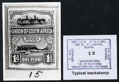 South Africa 1926-27 issue B&W photograph of original 1d Pictorial essay inscribed in English, approximately twice stamp-size. Official photograph from the original artwork held by the Government Printer in Pretoria with authority……Details Below