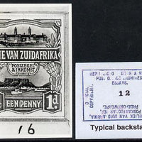 South Africa 1926-27 issue B&W photograph of original 1d Pictorial essay inscribed in Afrikaans, approximately twice stamp-size. Official photograph from the original artwork held by the Government Printer in Pretoria with authori……Details Below