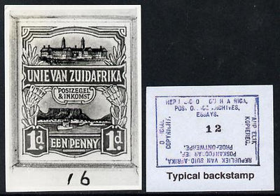 South Africa 1926-27 issue B&W photograph of original 1d Pictorial essay inscribed in Afrikaans, approximately twice stamp-size. Official photograph from the original artwork held by the Government Printer in Pretoria with authori……Details Below