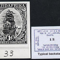 South Africa 1926-27 issue B&W photograph of original 1d Dromedaris essay inscribed in Afrikaans, approximately twice stamp-size slightly different to issued stamp which is included. Official photograph from the original artwork h……Details Below