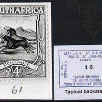 South Africa 1926-27 issue B&W photograph of original 4d Wildebeest essay inscribed in English, approximately twice stamp-size. Official photograph from the original artwork held by the Government Printer in Pretoria with authorit……Details Below