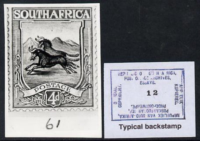 South Africa 1926-27 issue B&W photograph of original 4d Wildebeest essay inscribed in English, approximately twice stamp-size. Official photograph from the original artwork held by the Government Printer in Pretoria with authorit……Details Below