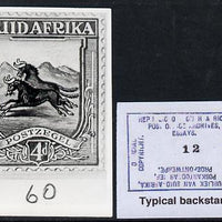 South Africa 1926-27 issue B&W photograph of original 4d Wildebeest essay inscribed in Afrikaans, approximately twice stamp-size. Official photograph from the original artwork held by the Government Printer in Pretoria with author……Details Below