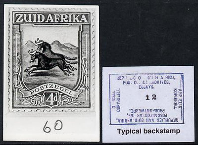 South Africa 1926-27 issue B&W photograph of original 4d Wildebeest essay inscribed in Afrikaans, approximately twice stamp-size. Official photograph from the original artwork held by the Government Printer in Pretoria with author……Details Below
