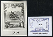 South Africa 1926-27 issue B&W photograph of original 1s Wildebeest essay inscribed in English, approximately twice stamp-size. Official photograph from the original artwork held by the Government Printer in Pretoria with authorit……Details Below