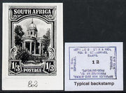 South Africa 1926-27 issue B&W photograph of original 1s3d essay inscribed in English, approximately twice stamp-size. Official photograph from the original artwork held by the Government Printer in Pretoria with authority handsta……Details Below