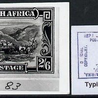 South Africa 1926-27 issue B&W photograph of original 2s6d Ox Wagon essay inscribed in English, approximately twice stamp-size. Official photograph from the original artwork held by the Government Printer in Pretoria with authorit……Details Below