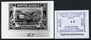 South Africa 1926-27 issue B&W photograph of original 2s6d Ox Wagon essay inscribed in English, approximately twice stamp-size. Official photograph from the original artwork held by the Government Printer in Pretoria with authorit……Details Below