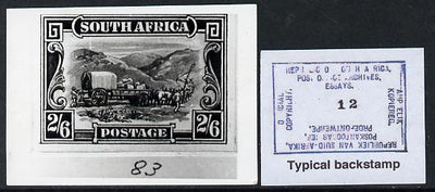 South Africa 1926-27 issue B&W photograph of original 2s6d Ox Wagon essay inscribed in English, approximately twice stamp-size. Official photograph from the original artwork held by the Government Printer in Pretoria with authorit……Details Below