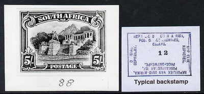 South Africa 1926-27 issue B&W photograph of original 5s essay inscribed in English, approximately twice stamp-size. Official photograph from the original artwork held by the Government Printer in Pretoria with authority handstamp……Details Below