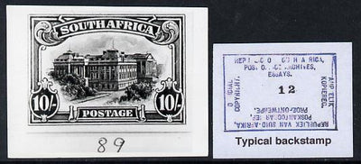 South Africa 1926-27 issue B&W photograph of original 10s essay inscribed in English, approximately twice stamp-size. Official photograph from the original artwork held by the Government Printer in Pretoria with authority handstam……Details Below