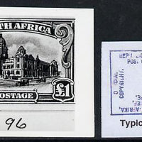 South Africa 1926-27 issue B&W photograph of original £1 essay inscribed in English, approximately twice stamp-size. Official photograph from the original artwork held by the Government Printer in Pretoria with authority handstamp……Details Below