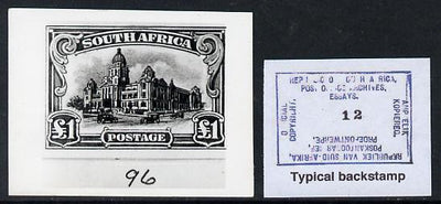 South Africa 1926-27 issue B&W photograph of original £1 essay inscribed in English, approximately twice stamp-size. Official photograph from the original artwork held by the Government Printer in Pretoria with authority handstamp……Details Below