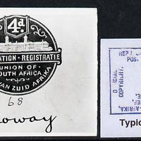 South Africa 1926-27 KG5 Registration issue B&W photograph of original essay denominated 4d inscribed bi-lingually. Official photograph from the original artwork held by the Government Printer in Pretoria with authority handstamp ……Details Below