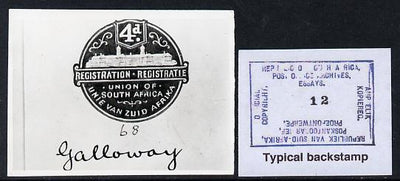 South Africa 1926-27 KG5 Registration issue B&W photograph of original essay denominated 4d inscribed bi-lingually. Official photograph from the original artwork held by the Government Printer in Pretoria with authority handstamp ……Details Below