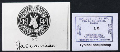 South Africa 1926-27 KG5 Registration issue B&W photograph of original Springbok essay denominated 4d inscribed bi-lingually. Official photograph from the original artwork held by the Government Printer in Pretoria with authority ……Details Below