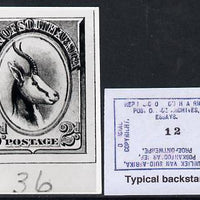 South Africa 1926-27 issue B&W photograph of original 2d Springbok essay inscribed in English, approximately twice stamp-size. Official photograph from the original artwork held by the Government Printer in Pretoria with authority……Details Below