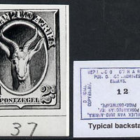 South Africa 1926-27 issue B&W photograph of original 2d Springbok essay inscribed in Afrikaans, approximately twice stamp-size. Official photograph from the original artwork held by the Government Printer in Pretoria with authori……Details Below