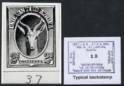 South Africa 1926-27 issue B&W photograph of original 2d Springbok essay inscribed in Afrikaans, approximately twice stamp-size. Official photograph from the original artwork held by the Government Printer in Pretoria with authori……Details Below