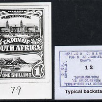 South Africa 1926-27 issue B&W photograph of original 1s Pictorial essay inscribed in English, approximately twice stamp-size. Official photograph from the original artwork held by the Government Printer in Pretoria with authority……Details Below