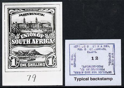 South Africa 1926-27 issue B&W photograph of original 1s Pictorial essay inscribed in English, approximately twice stamp-size. Official photograph from the original artwork held by the Government Printer in Pretoria with authority……Details Below