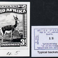 South Africa 1926-27 issue B&W photograph of original 3d Pictorial essay inscribed in English, approximately twice stamp-size. Official photograph from the original artwork held by the Government Printer in Pretoria with authority……Details Below