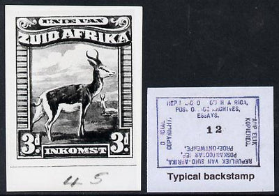 South Africa 1926-27 issue B&W photograph of original 3d Pictorial essay inscribed in English, approximately twice stamp-size. Official photograph from the original artwork held by the Government Printer in Pretoria with authority……Details Below