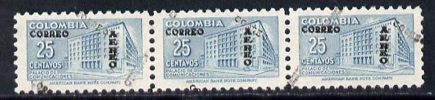 Colombia 1953 Post Office 25c strip of 3 with opt doubled, one obliquely unmounted mint (SG 771a but unpriced)