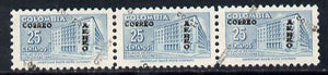 Colombia 1953 Post Office 25c strip of 3 with opt doubled, one obliquely unmounted mint (SG 771a but unpriced)