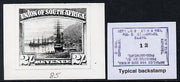 South Africa 1926-27 issue B&W photograph of original 2s Pictorial essay inscribed in English, approximately twice stamp-size. Official photograph from the original artwork held by the Government Printer in Pretoria with authority……Details Below