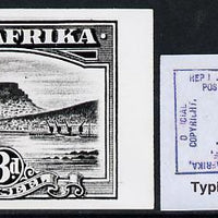 South Africa 1926-27 issue B&W photograph of original 3d essay inscribed in Afrikaans, approximately twice stamp-size. Official photograph from the original artwork held by the Government Printer in Pretoria with authority handsta……Details Below