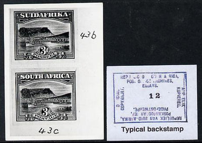 South Africa 1926-27 issue B&W photograph of original 3d essays inscribed in English & Afrikaans. Official photograph from the original artwork held by the Government Printer in Pretoria with authority handstamp on the back, one of only 30 produced.