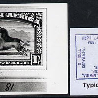 South Africa 1926-27 issue B&W photograph of original 1s Wildebeest essay inscribed in English, approximately twice stamp-size slightly different to issued stamp which is included. Official photograph from the original artwork hel……Details Below