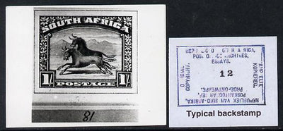 South Africa 1926-27 issue B&W photograph of original 1s Wildebeest essay inscribed in English, approximately twice stamp-size slightly different to issued stamp which is included. Official photograph from the original artwork hel……Details Below