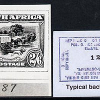 South Africa 1926-27 issue B&W photograph of original 2s6d Ox Wagon essay inscribed in English, approximately twice stamp-size slightly different to issued stamp which is included. Official photograph from the original artwork hel……Details Below