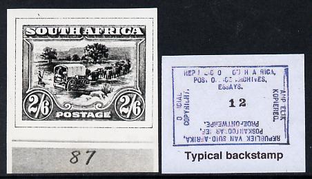 South Africa 1926-27 issue B&W photograph of original 2s6d Ox Wagon essay inscribed in English, approximately twice stamp-size slightly different to issued stamp which is included. Official photograph from the original artwork hel……Details Below