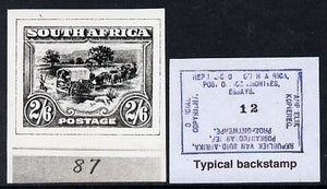 South Africa 1926-27 issue B&W photograph of original 2s6d Ox Wagon essay inscribed in English, approximately twice stamp-size slightly different to issued stamp which is included. Official photograph from the original artwork hel……Details Below