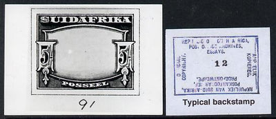 South Africa 1926-27 issue B&W photograph of essay for 5s frame inscribed in Afrikaans, approximately twice stamp-size. Official photograph from the original artwork held by the Government Printer in Pretoria with authority handst……Details Below