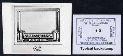 South Africa 1926-27 issue B&W photograph of essay for 10s frame inscribed in Afrikaans, approximately twice stamp-size. Official photograph from the original artwork held by the Government Printer in Pretoria with authority hands……Details Below