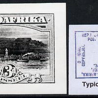 South Africa 1926-27 issue B&W photograph of original 3d Pictorial essay inscribed in Afrikaans, approximately twice stamp-size. Official photograph from the original artwork held by the Government Printer in Pretoria with authori……Details Below