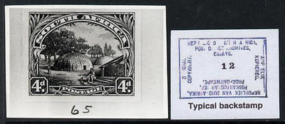 South Africa 1926-27 issue B&W photograph of original 4d Native Kraal essay inscribed in English, approximately twice stamp-size. Official photograph from the original artwork held by the Government Printer in Pretoria with author……Details Below