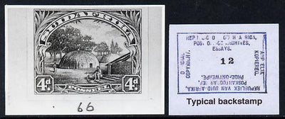 South Africa 1926-27 issue B&W photograph of original 4d Native Kraal essay inscribed in Afrikaans, approximately twice stamp-size. Official photograph from the original artwork held by the Government Printer in Pretoria with auth……Details Below