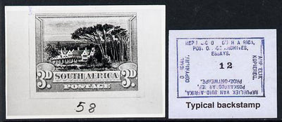 South Africa 1926-27 issue B&W photograph of original 3d Groot Schour essay inscribed in English, approximately twice stamp-size. Official photograph from the original artwork held by the Government Printer in Pretoria with author……Details Below