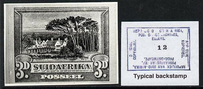 South Africa 1926-27 issue B&W photograph of original 3d Groot Schour essay inscribed in Afrikaans, approximately twice stamp-size. Official photograph from the original artwork held by the Government Printer in Pretoria with auth……Details Below