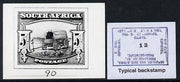 South Africa 1926-27 issue B&W photograph of original 5s Ox wagon essay inscribed in English, approximately twice stamp-size. Official photograph from the original artwork held by the Government Printer in Pretoria with authority ……Details Below