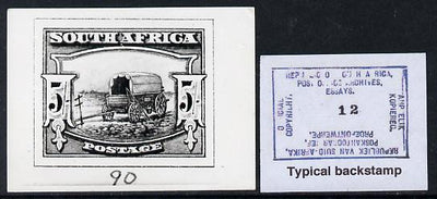 South Africa 1926-27 issue B&W photograph of original 5s Ox wagon essay inscribed in English, approximately twice stamp-size. Official photograph from the original artwork held by the Government Printer in Pretoria with authority ……Details Below