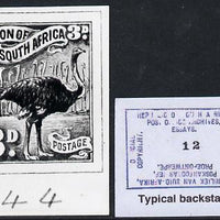 South Africa 1926-27 issue B&W photograph of original 3d Ostrich essay inscribed in English, approximately twice stamp-size. Official photograph from the original artwork held by the Government Printer in Pretoria with authority h……Details Below