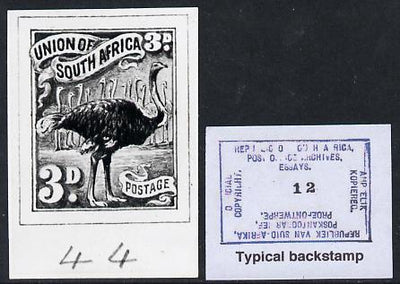 South Africa 1926-27 issue B&W photograph of original 3d Ostrich essay inscribed in English, approximately twice stamp-size. Official photograph from the original artwork held by the Government Printer in Pretoria with authority h……Details Below