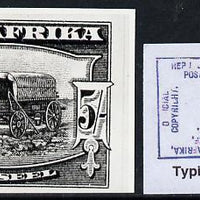 South Africa 1926-27 issue B&W photograph of original 5s Ox wagon essay inscribed in Afrikaans, approximately twice stamp-size. Official photograph from the original artwork held by the Government Printer in Pretoria with authorit……Details Below